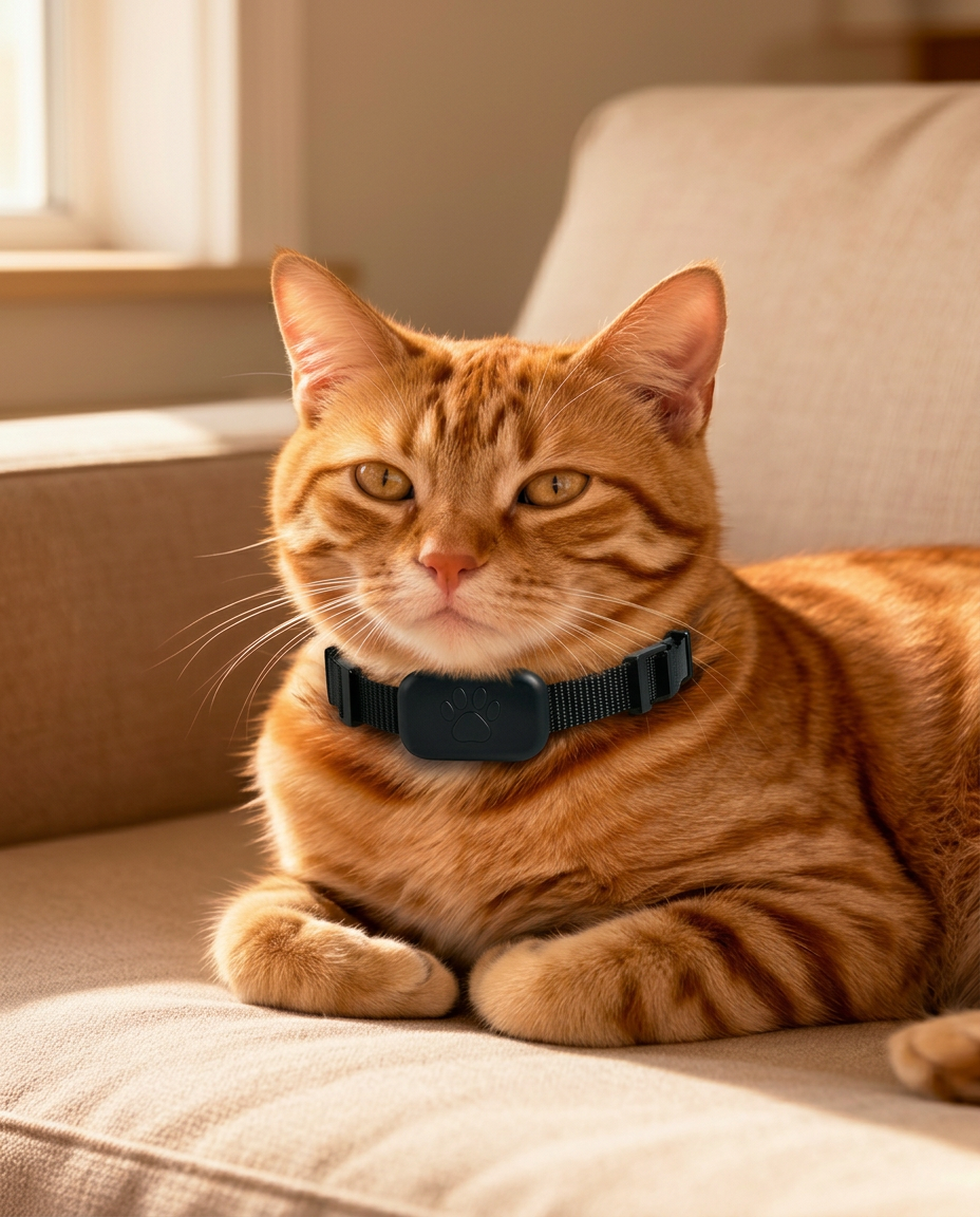 Katze entspannt zu Hause mit schwarzem Felio GPS-Tracker