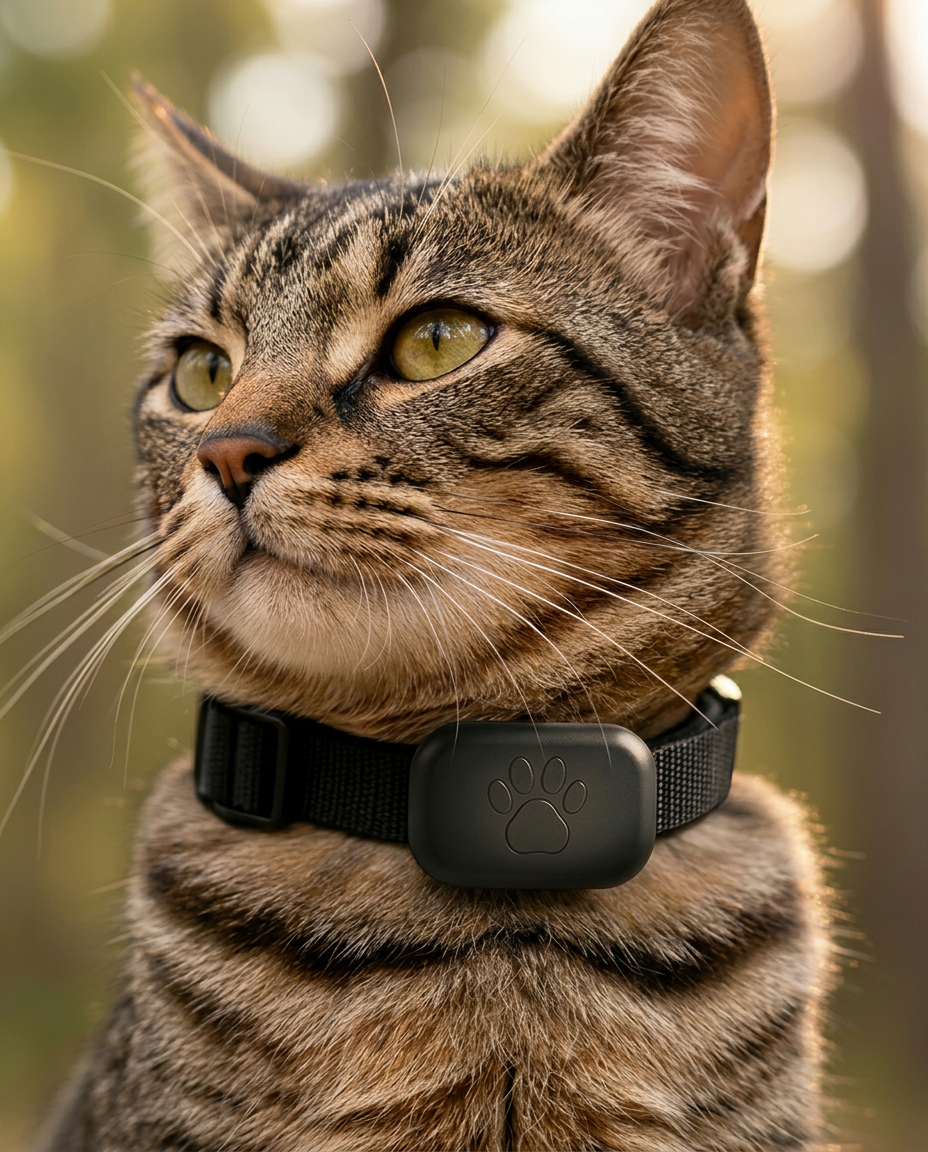Katze mit schwarzem Felio GPS-Tracker im Freien