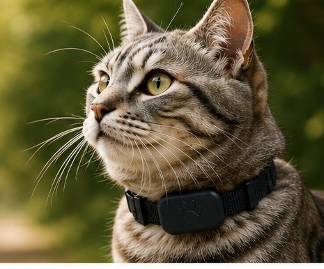 Katze trägt das schwarze Felio GPS Tracker Halsband im grünen Outdoor-Setting